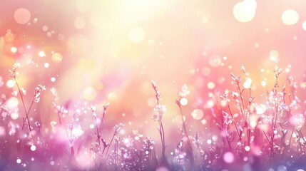 Colorful floral background with soft bokeh lights and warm sunlight creating a dreamy atmosphere in a nature setting.