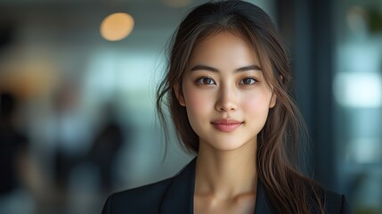 An Asian woman stands proudly in a studio, representing a lawyer or employee with a professional career in legal justice and a strong commitment to her company.