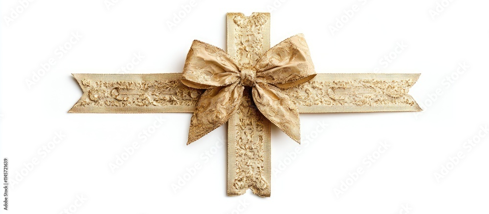 Poster elegant thin gold ribbon with intricate patterns and a decorative bow isolated on a white background