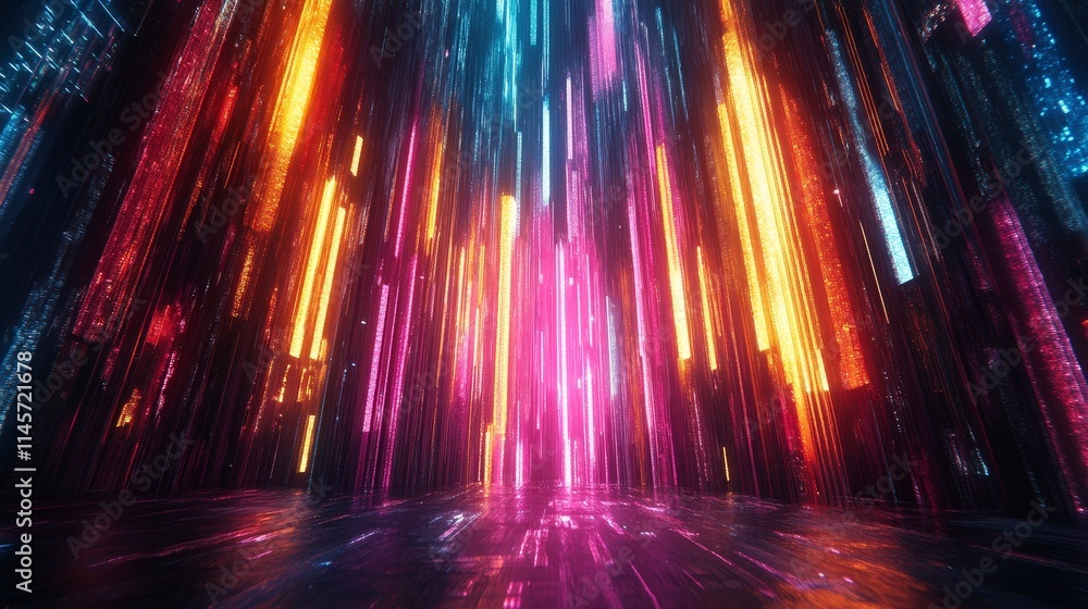 Poster vibrant vertical neon light streaks illuminate a dark space creating a futuristic and dynamic atmosp