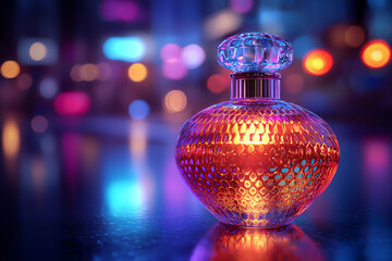 Fototapeta premium a close-up of a glowing futuristic perfume bottle with holographic patter