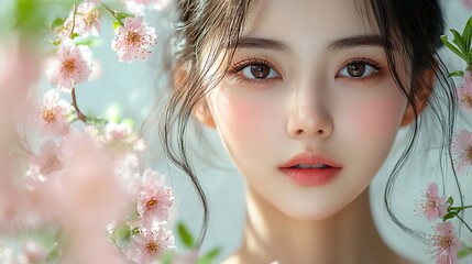 Fototapeta premium An Asian woman with flowers represents natural beauty, eco-friendly cosmetics, and sustainable skincare.
