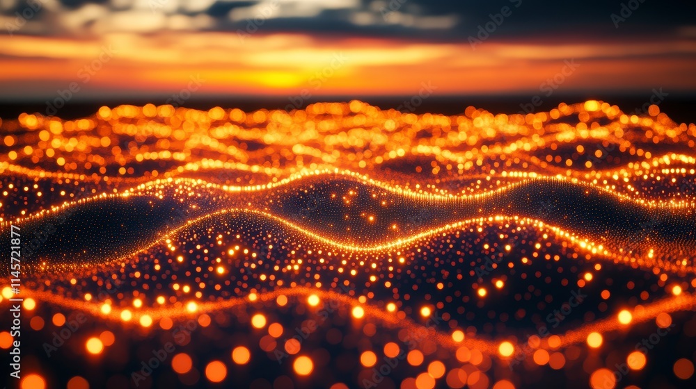 Poster a mesmerizing landscape of glowing orange particles forms undulating waves beneath a vibrant sunset 