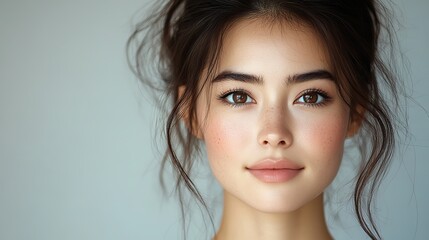 Fototapeta premium An Asian woman's portrait represents beauty, skincare, and wellness, with a focus on natural and happy aesthetics.