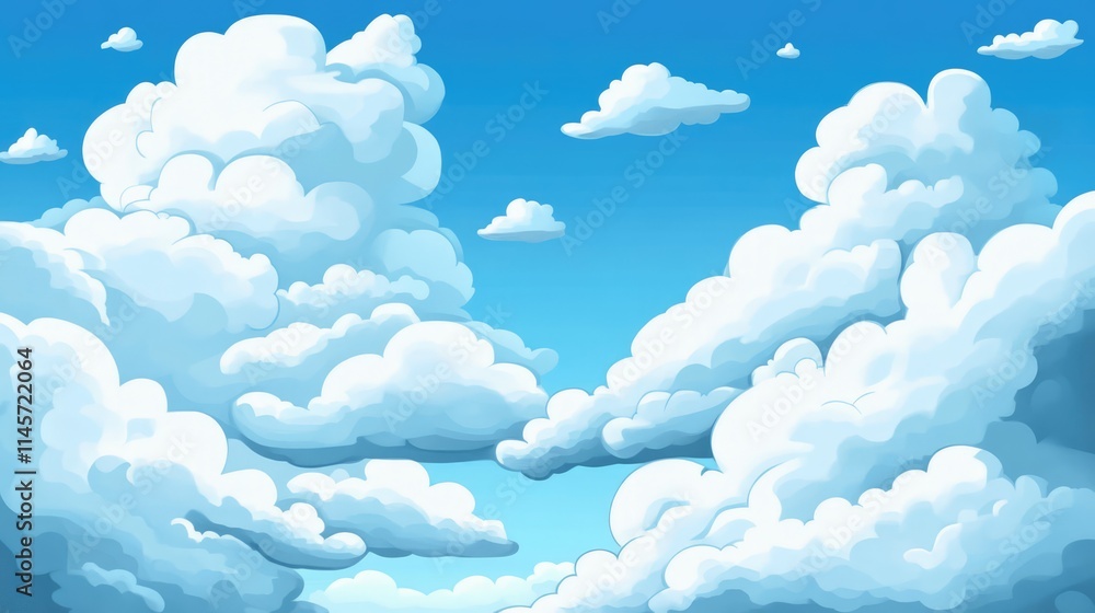 Poster fluffy white clouds in a vibrant blue sky creating a serene and peaceful background for various desi