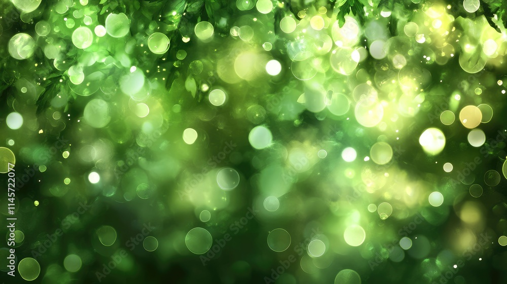 Poster soft green nature bokeh background with sparkling orbs of light creating a serene and tranquil atmos