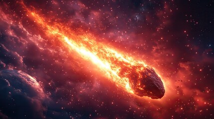 Obraz premium An asteroid burns through the universe, a fiery object traveling towards Earth, depicting a potential threat from space and the power of cosmic forces.