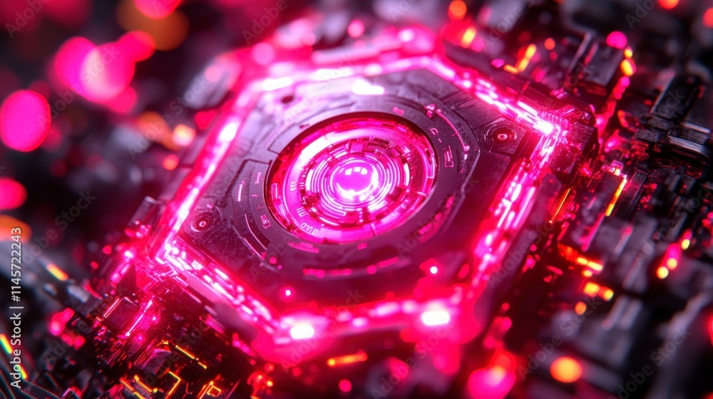 Poster a close-up of a futuristic hexagonal device with a glowing pink core intricate details and glowing c
