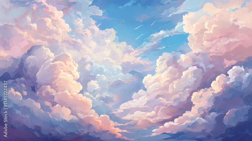 Poster dreamy pastel clouds in a serene blue sky creating a calming and tranquil atmospheric background for