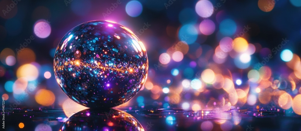 Poster glowing multicolored sphere with vibrant bokeh background showcasing the beauty of light and artisti