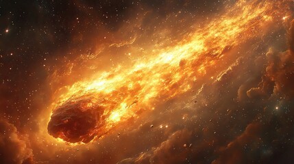 Obraz premium An asteroid leaves a fiery trail in the galaxy, a graphic of stars and a meteorite explosion, depicting a comet zooming through the cosmos with a fiery flame.