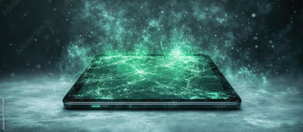 Poster high-tech tablet with a broken screen displaying glowing digital effects on a dark surface symbolizi