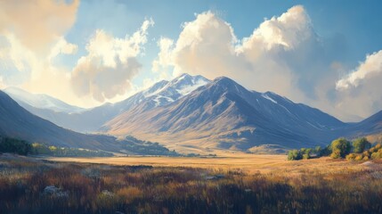 Fototapeta premium Serene Mountain Landscape with Lush Valleys and Dramatic Sky Perfect for Nature and Travel Themes