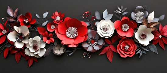 Elegant wall decor featuring intricate paper flowers in red, white, and gray, perfect for adding a vibrant touch to any space.