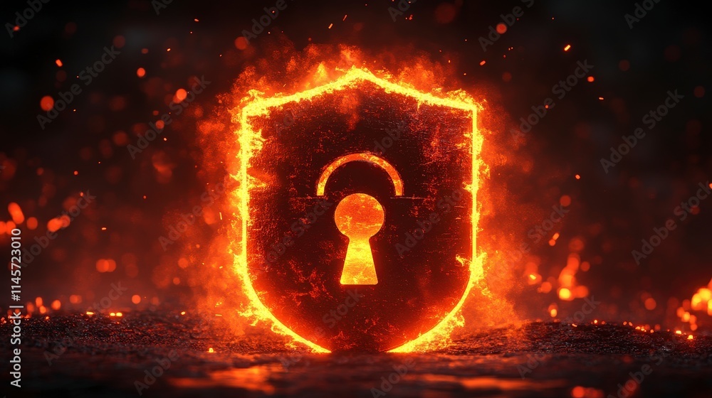 Poster a fiery shield with a keyhole symbolizes strong data protection and security against cyber threats. 