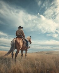 A cowboy on horseback gazes over a vast landscape under a dramatic sky.