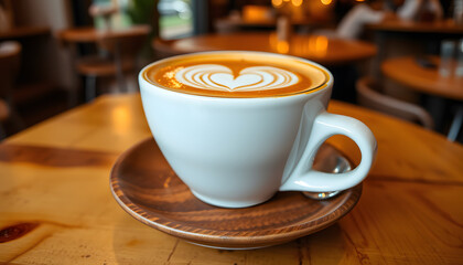 Fototapeta premium Close-Up of Fresh Latte with Heart Latte Art on Creamy Foam