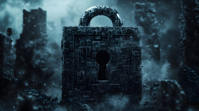 A futuristic, dark-colored padlock stands amidst a desolate, rocky landscape.