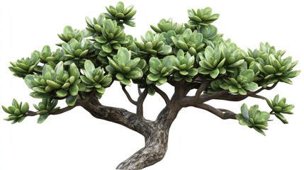 Crassula tree with lush green leaves on a white background showcasing detailed close-up of the succulent plant's unique foliage