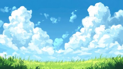 Serene landscape capturing a vibrant blue sky adorned with fluffy white clouds over a lush green meadow. Perfect for nature-themed designs.