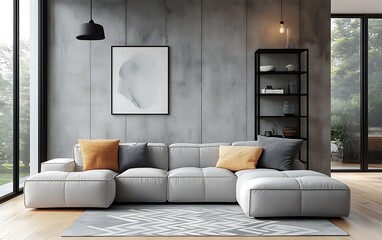 Modern sectional sofa in a minimalist living room with concrete wall, large windows, and stylish shelving.