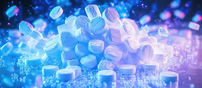 Fluorine nitrate FNO3 chemical substance in laboratory packaging showcasing white plastic and crystalline structures with vibrant background effects