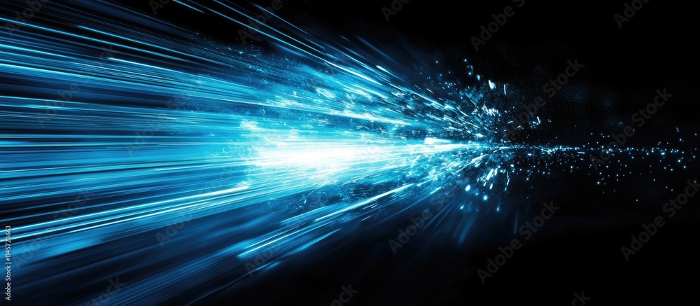 Poster dynamic blue fiberoptic light rays creating an abstract visual effect against a black background sho