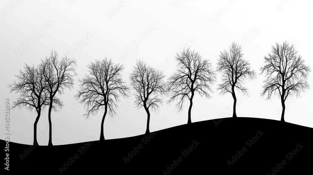 Poster monochrome silhouette of leafless trees against a soft gradient backdrop creating a serene and minim
