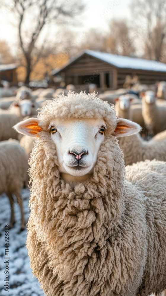 Poster a close-up of a fluffy sheep in a snowy farm setting with other sheep in the background.