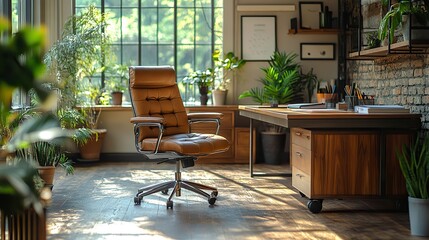 Fototapeta premium An empty office with a table, furniture, and ergonomics represents business and comfort, showcasing interior design, workplace stationery, and a chair with texture.