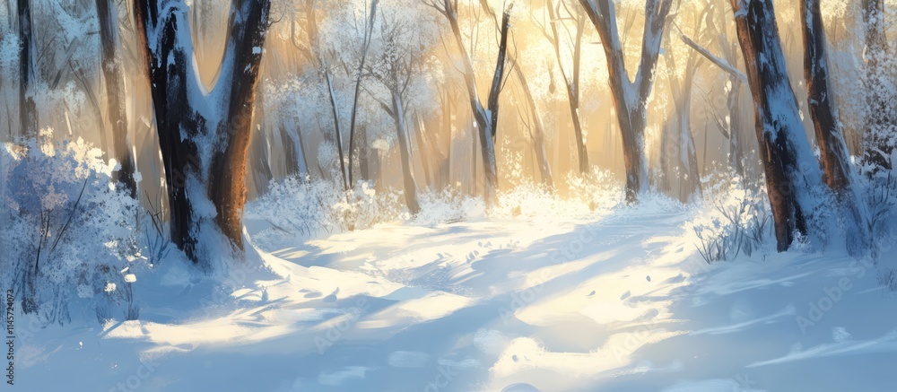 Poster winter scene with sunlit forest pathway surrounded by snow-covered trees and gentle light filtering 