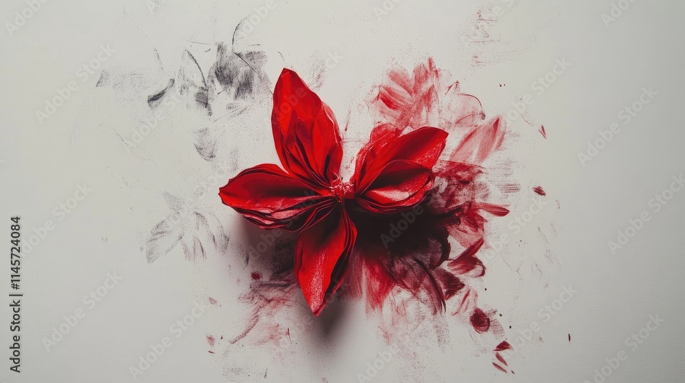 Poster artistic red flower on a textured background with hints of red and gray showcasing elegance and crea