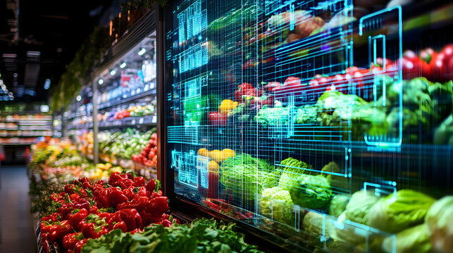 A vibrant supermarket produce section with fresh vegetables and a futuristic digital overlay showcasing inventory management and technological integration in modern grocery shopping. - Powered by Adobe