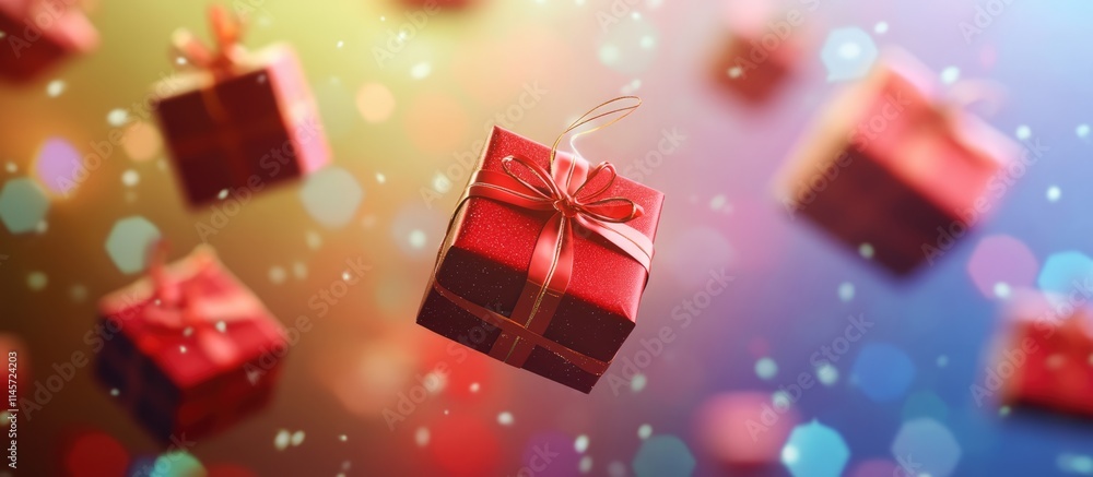 Aufkleber red christmas gift boxes floating against a vibrant multicolored background creating a festive and c