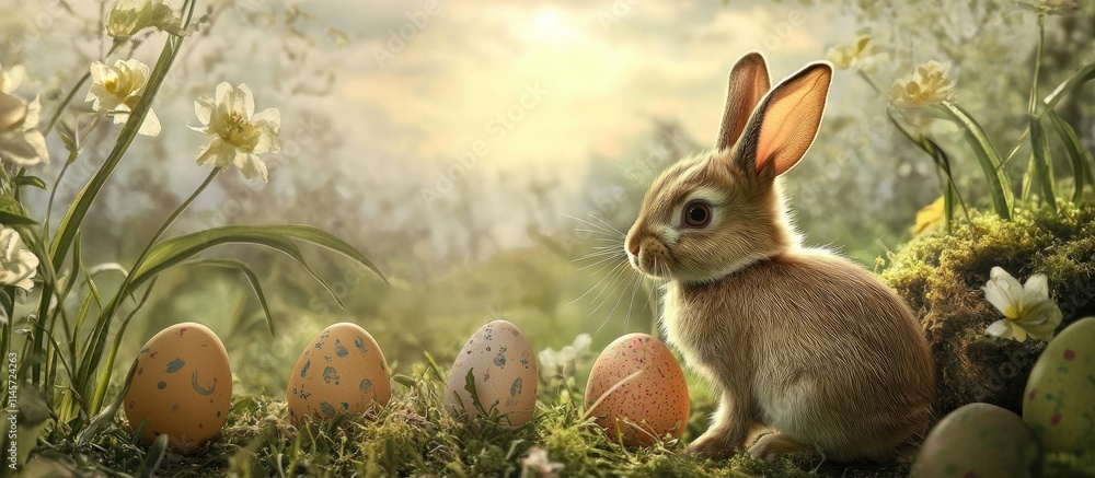 Poster charming easter scene featuring a rabbit amidst colorful eggs in a serene nature setting with soft l