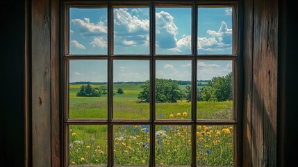 Fototapeta premium Rustic window view of a vibrant meadow under a sunny sky.