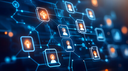 Abstract digital network graphic showing interconnected nodes and user profiles.  Represents global communication, data flow, or social connections in a futuristic style.