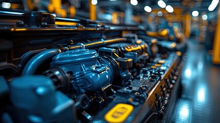 Fototapeta premium An engineer's hand inspecting an engine, performing maintenance, repair, and service. The image represents car problems, vehicle inspection, and the work of a mechanic in a workshop.