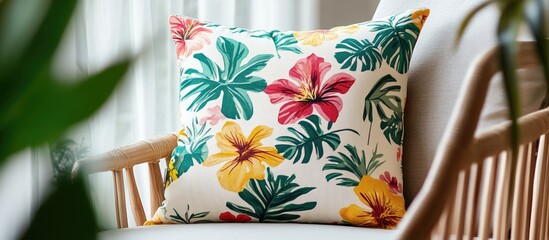 Cheerful floral patterned cushion enhancing home decor with vibrant colors and tropical design on a soft chair in a cozy setting