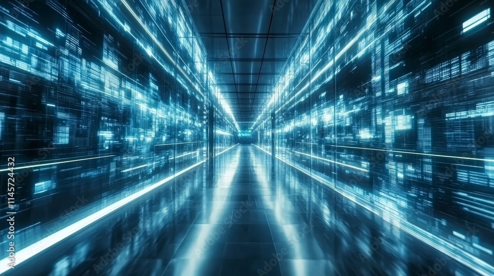 Poster a futuristic hallway with glowing blue walls displaying digital code streams. the reflective floor c