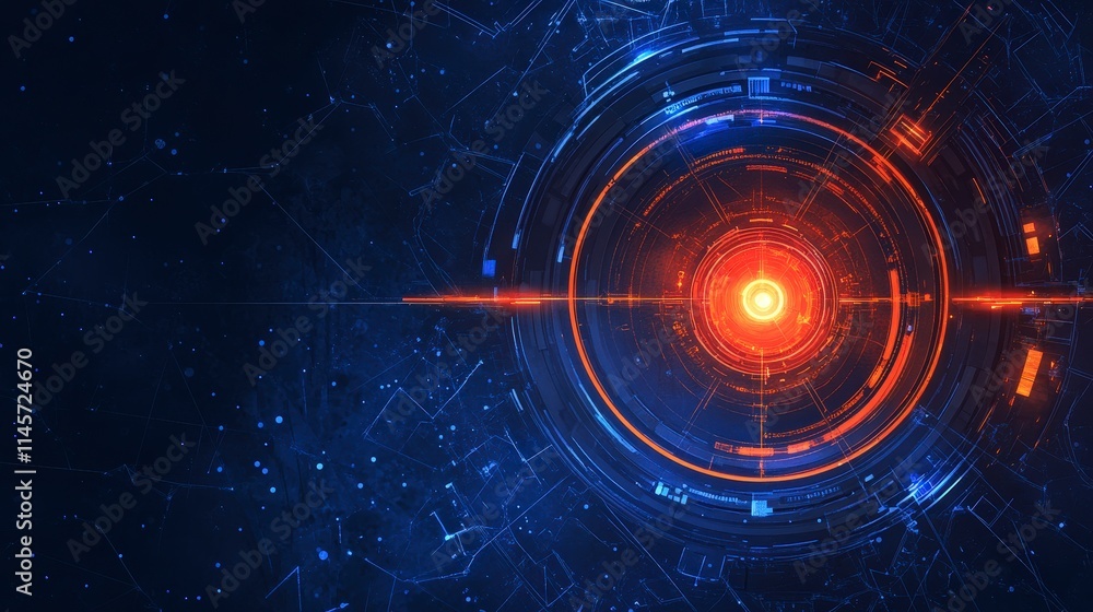 Poster a futuristic technological orb radiates vibrant orange light against a dark blue backdrop. intricate