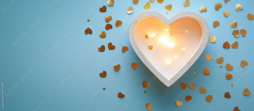 Poster heart shaped lightbox with golden confetti on blue background creating a romantic atmosphere with am