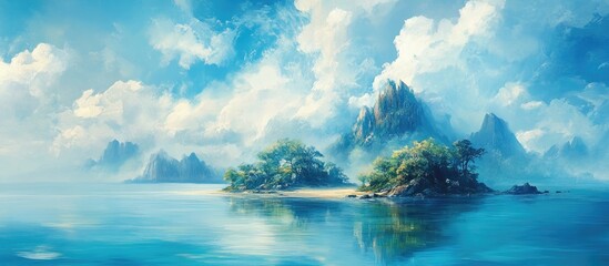 Serene tropical island landscape with lush greenery and tranquil waters under a blue sky with fluffy clouds