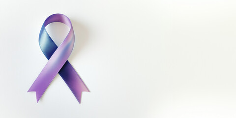 Purple ribbon, symbol of cancer awareness on white background. World Cancer Day, International Union Against Cancer concept. Copy space, place for text, horizontal