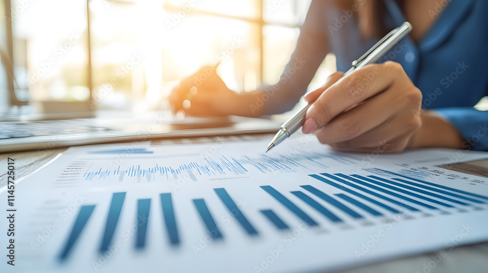 Poster close-up of a person's hands analyzing financial data charts and graphs with a pen. sunlight streams