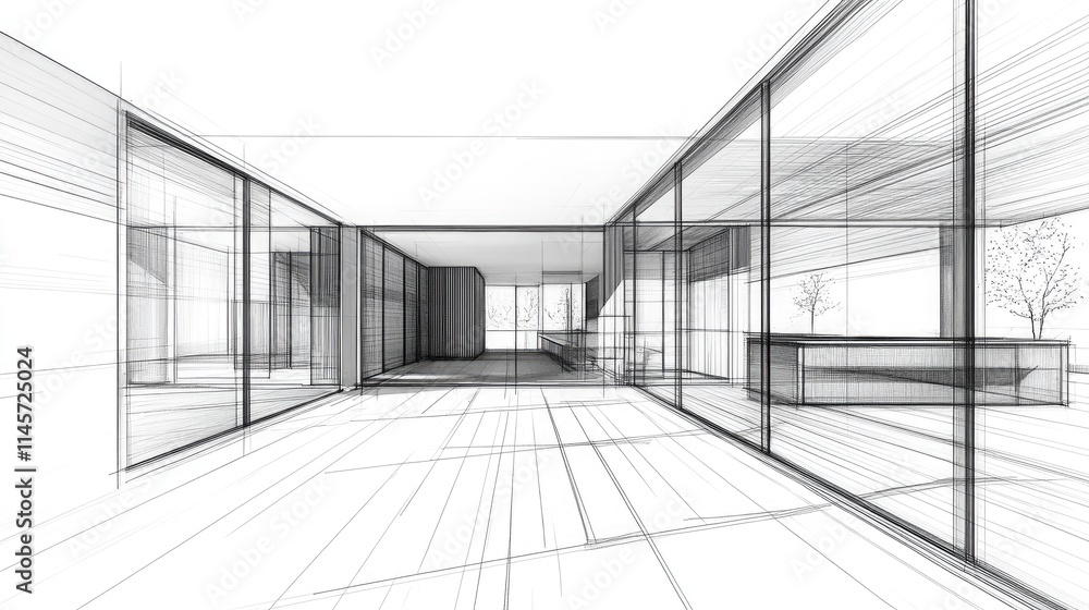 Aufkleber modern architectural sketch of a house extension featuring large glass windows and open spaces showc