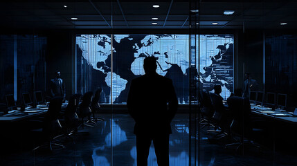 Silhouette of a man standing before a large screen displaying a world map with data streams.  Surrounded by a team working at computer stations in a dimly lit, modern office.