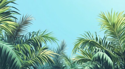 Fototapeta premium Tropical palm tree tops against a clear blue sky creating a serene and lush background for relaxation and vacation themes