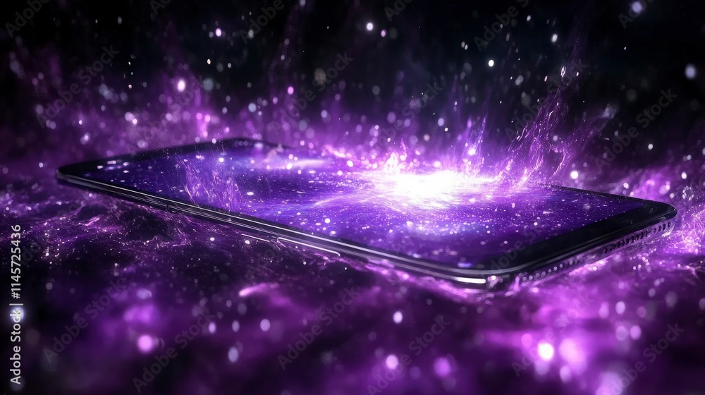 Poster a smartphone displays a vibrant purple nebula. light and particles emanate from the screen creating 
