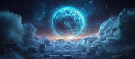 Fototapeta premium Conceptual illustration of the intersection between business industry and space exploration featuring a glowing planet amid cosmic clouds.